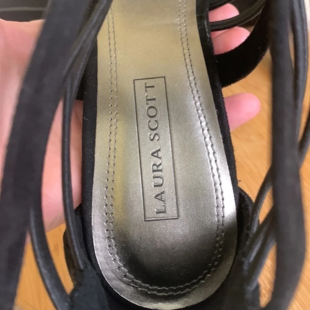 Laura Scott | Black Zipper Strappy Slip On Peep Toe Heels 10M NWOT